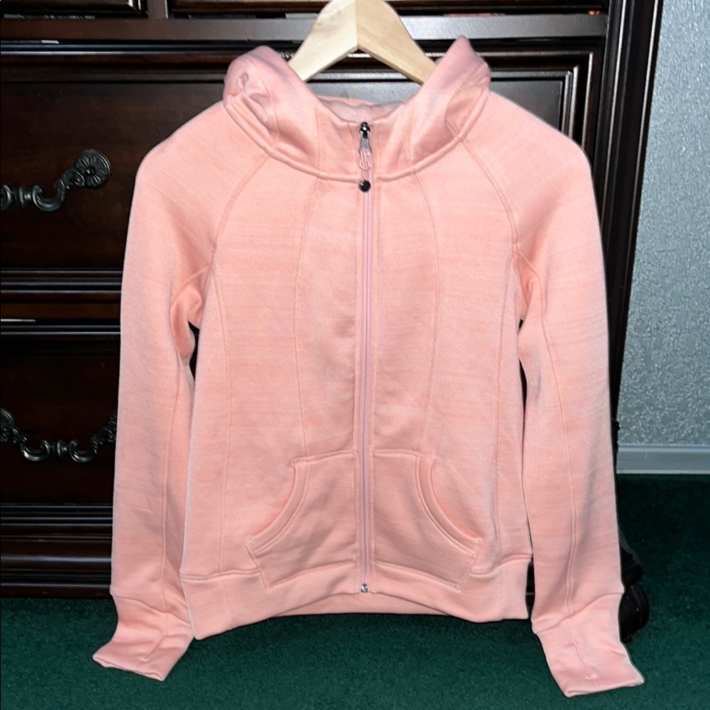Coral  Pink Fitted Zippered Long Sleeve Hoodie